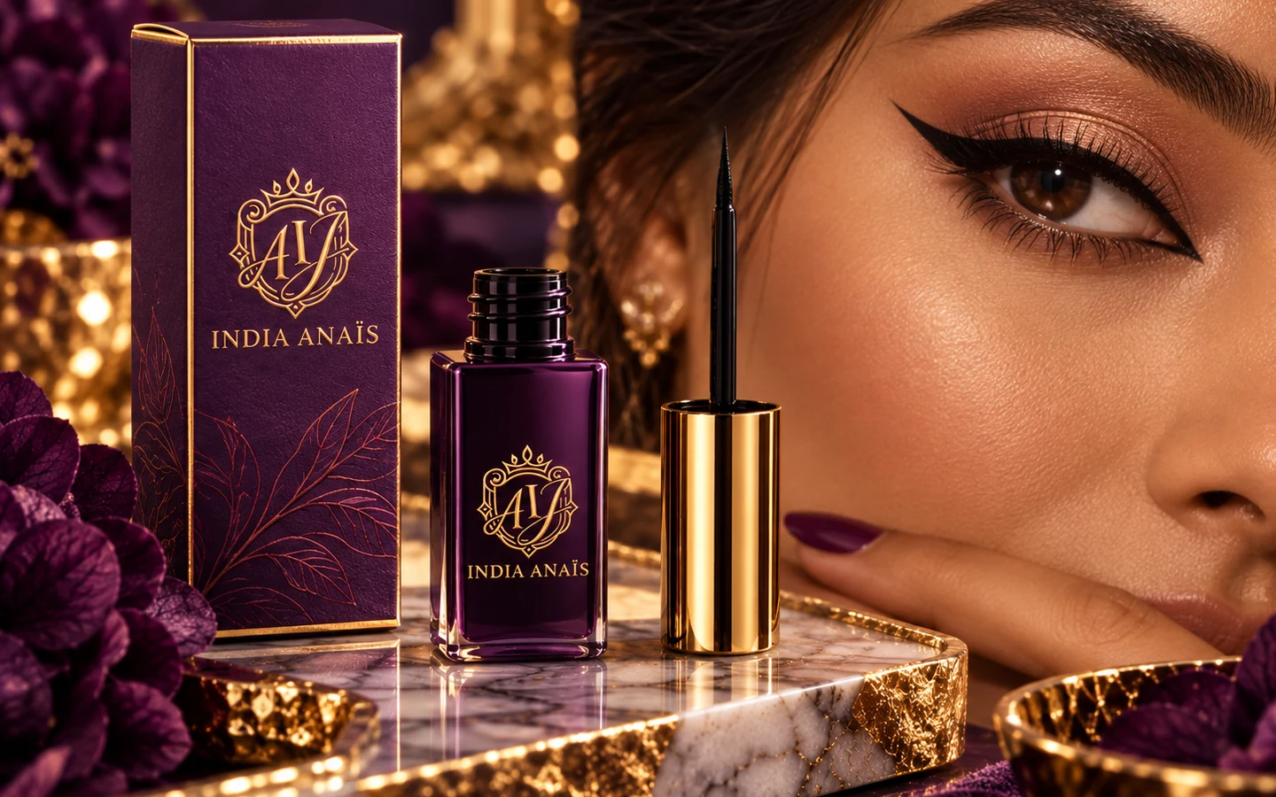 India Anaïs eyeliner styling in paars en goud