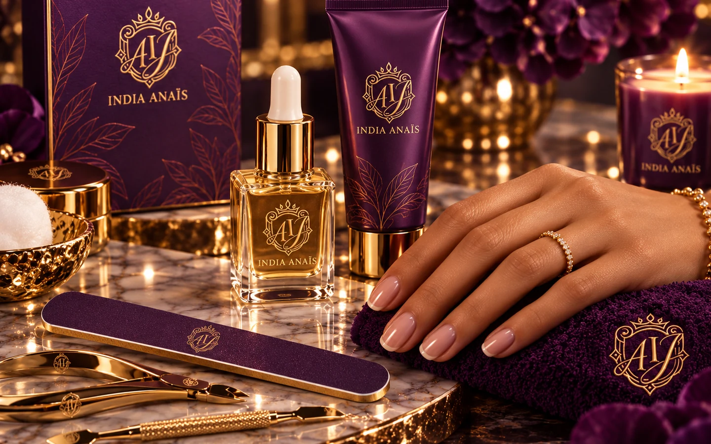 India Anaïs nagelverzorgingsritueel met lichtbruine handen en luxe verpakking