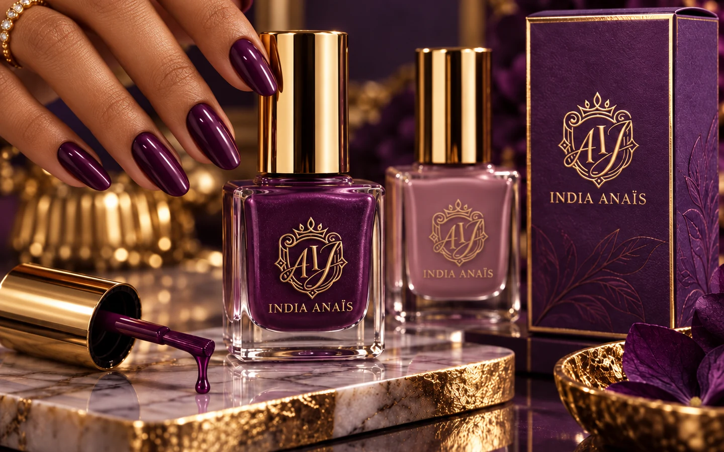 India Anaïs nagellakcollectie in luxe paarse en gouden styling